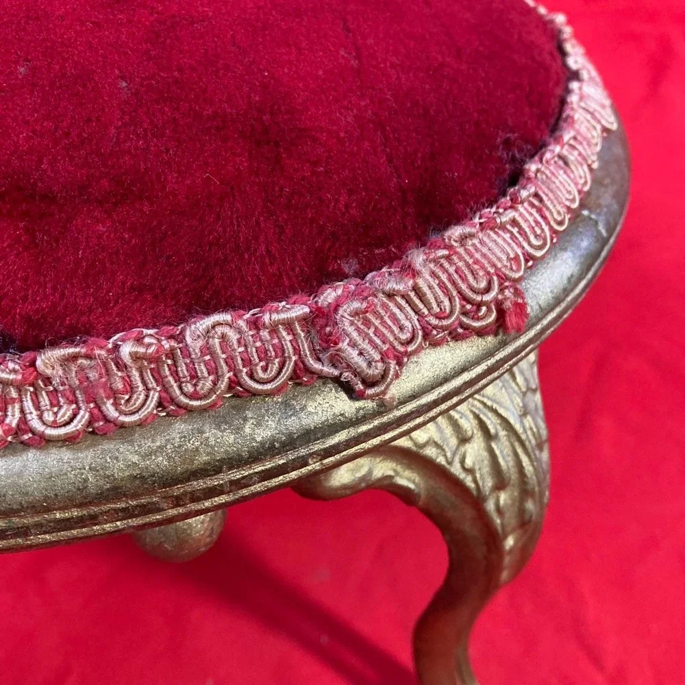 Small Victorian 4 Leg Padded Stool / W/ Ruby Color Velvet Style / Flaws